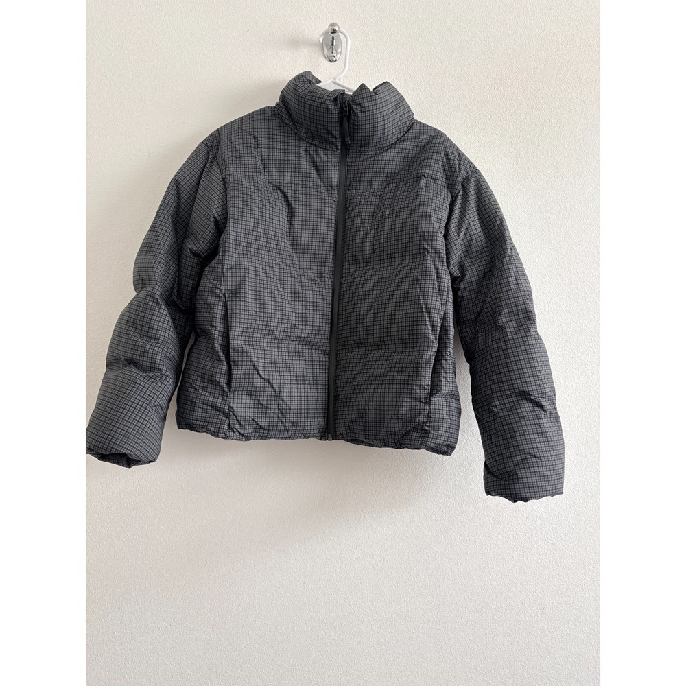 Uniqlo Seamless Down Short Jacket Checked Gray Women L Puffy Casual Classic